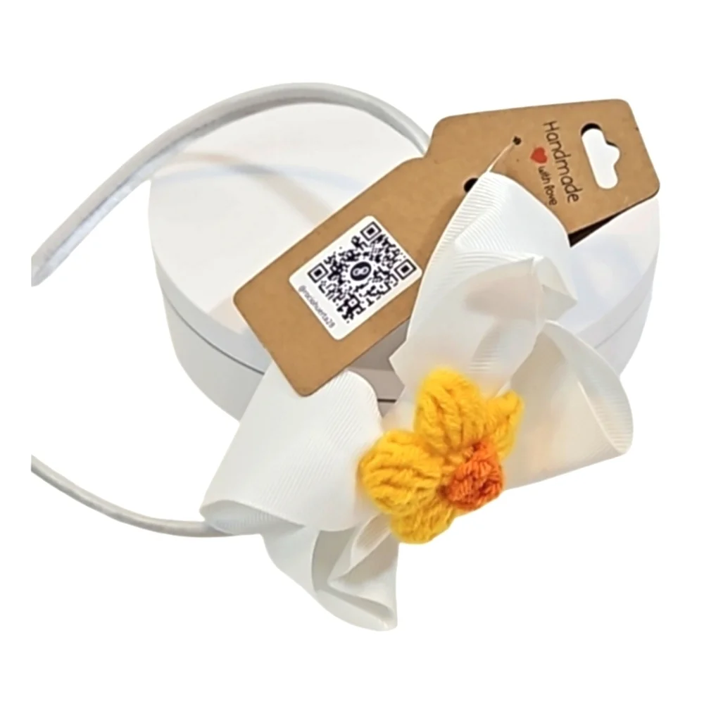 Hand Crafted White Bow Hairband Hand Knit Crochet Yellow Puffy Flower Coquette